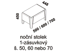 Noční stolek Keros 2-zásuvkový - rozměrový nákres. Vhodný do ložnice. Provedení: masivní dub. Český výrobek. Vysoká kvalita. 