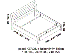 Postel Keros z masivu - rozměrový nákres. Čalouněné čelo. Provedení: dub. Český kvalitní výrobek. 