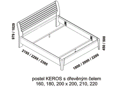 Postel Keros z masivu - rozměrový nákres. Dřevěné čelo. Provedení: dub. Český kvalitní výrobek. 