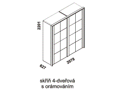 Skříň Keros 4-dveřová s orámováním - rozměrový nákres. Vhodná do ložnice. Provedení: masivní dub. Český výrobek. Vysoká kvalita. 