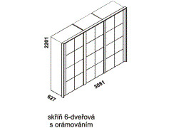 Skříň Keros 6-dveřová s orámováním - rozměrový nákres. Vhodná do ložnice. Provedení: masivní dub. Český výrobek. Vysoká kvalita. 