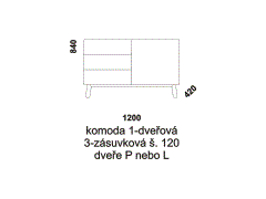 Komoda Mamma 1-dveřová 3-zásuvková - rozměrový nákres. Vhodná do ložnice. Provedení: dub. Český výrobek. Vysoká kvalita. 