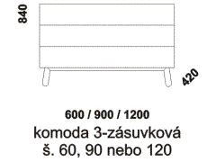 Komoda Mamma 3-zásuvková - rozměrový nákres. Vhodná do ložnice. Provedení: dub. Český výrobek. Vysoká kvalita. 