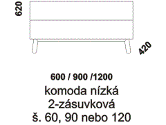 Komoda Mamma nízká 2-zásuvková - rozměrový nákres. Vhodná do ložnice. Provedení: dub. Český výrobek. Vysoká kvalita. 