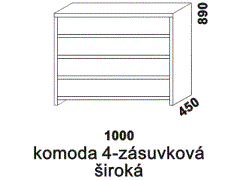 Komoda Dana 4-zásuvková široká - rozměrový nákres. Přírodní dýha. Provedení: buk. Vysoká kvalita. Český výrobek.