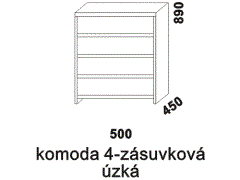 Komoda Dana 4-zásuvková úzká - rozměrový nákres. Přírodní dýha. Provedení: buk. Vysoká kvalita. Český výrobek.