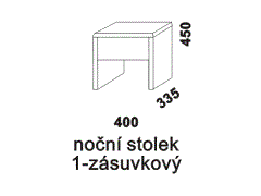 Noční stolek Dana jednozásuvkový - rozměrový nákres. Provedení: masivní buk, dub, ořech. Český kvalitní výrobek.