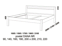 Postel Dana z masivu - rozměrový nákres. Provedení: masivní buk, dub, ořech. Zadní čelo rovné s otvorem. Přední čelo nízké rovné.