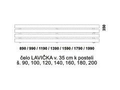 Čelo Lavička k posteli Hana z masivu. Rozměrový nákres. Výška čela od horní hrany rámu postele je 35 cm. Česká výroba.