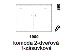 Komoda Hana 2-dveřová 1-zásuvková - rozměrový nákres. Přírodní dýha nebo masiv. Různé druhy dřevin. Kvalitní konstrukce. Česká výroba.