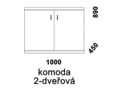 Komoda Hana 2-dveřová - rozměrový nákres. Přírodní dýha nebo masiv. Různé druhy dřevin. Kvalitní konstrukce. Česká výroba.