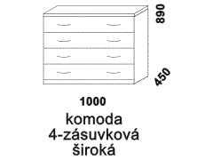 Komoda Hana 4-zásuvková široká - rozměrový nákres. Přírodní dýha nebo masiv. Různé druhy dřevin. Kvalitní konstrukce. Česká výroba.