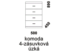 Komoda Hana 4-zásuvková úzká - rozměrový nákres. Přírodní dýha nebo masiv. Různé druhy dřevin. Kvalitní konstrukce. Česká výroba.