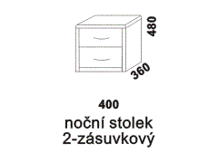 Noční stolek Hana dvouzásuvkový - rozměrový nákres. Přírodní dýha nebo masiv. Různé druhy dřevin. Kvalitní konstrukce. Česká výroba.