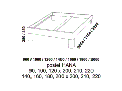 Rám postele Hana z masivu - rozměrový nákres. Různé druhy masivního dřeva. Rám postele je možné kombinovat s různými čely. Česká výroba.