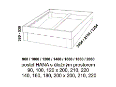 Rám postele Hana s úložným prostorem - rozměrový nákres. Rám postele je možné kombinovat s různými čely. Úložný prostor je pevnou součástí postele.