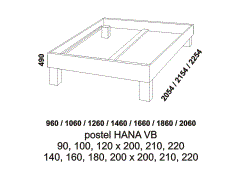 Rám postele Hana z masivu - rozměrový nákres. Vysoké bočnice. Rám postele je možné kombinovat s různými čely. Česká výroba.
