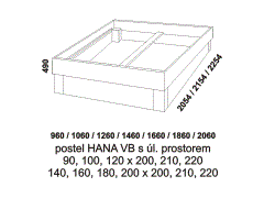 Rám postele Hana s úložným prostorem - rozměrový nákres. Vysoké bočnice. Rám postele lze kombinovat s různými čely. Úložný prostor je pevnou součástí postele.