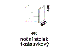 Noční stolek Kara jednozásuvkový - rozměrový nákres. Masiv nebo přírodní dýha. Různé druhy dřevin. Kvalitní konstrukce. Česká výroba.