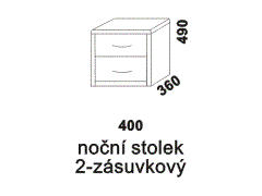 Noční stolek Kara dvouzásuvkový - rozměrový nákres. Masiv nebo přírodní dýha. Různé druhy dřevin. Kvalitní konstrukce. Česká výroba.