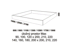 Úložný prostor Max Kara - rozměrový nákres. Do lůžka doporučujeme použít rošt s odklápěním. Přírodní dýha nebo masiv.
