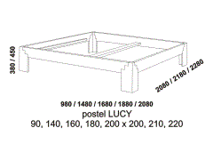 Rám postele Lucy z masivu - rozměrový nákres. Provedení: masivní buk, dub, ořech. Rám postele je možné kombinovat se dvěma čely. Česká výroba.