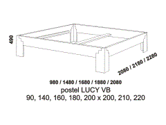 Rám postele Lucy z masivu - rozměrový nákres. Vysoké bočnice. Provedení: masivní buk. Rám postele je možné kombinovat se dvěma čely. Česká výroba.