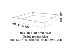 Úložný prostor Max Lucy z masivního dřeva. Rozměrový nákres. Do lůžka doporučujeme použít rošt s odklápěním. Česká výroba.