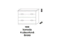 Komoda Nikola 4-zásuvková široká - rozměrový nákres. Přírodní dýha nebo masiv. Různé druhy dřevin. Kvalitní konstrukce. Česká výroba.