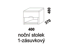 Noční stolek Nikola jednozásuvkový - rozměrový nákres. Přírodní dýha nebo masiv. Různé druhy dřevin. Kvalitní konstrukce. Česká výroba.