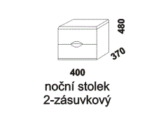 Noční stolek Nikola dvouzásuvkový - rozměrový nákres. Přírodní dýha nebo masiv. Různé druhy dřevin. Kvalitní konstrukce. Česká výroba.