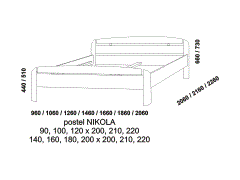 Masivní postel Nikola. Rozměrový nákres. Různé druhy dřevin. Vysoká kvalita. Český výrobek.
