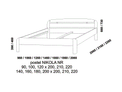Masivní postel Nikola. Rozměrový nákres. Nízké rovné čelo u nohou. Různé druhy dřevin. Vysoká kvalita. Český výrobek.