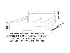 Postel Nikola s úložným prostorem. Rozměrový nákres. Nízké rovné čelo u nohou. Různé druhy dřevin. Český výrobek. Úložný prostor je pevnou součástí postele.