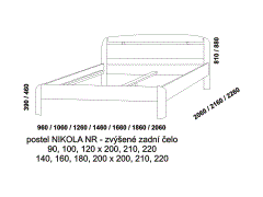 Masivní postel Nikola. Rozměrový nákres. Zvýšené čelo u hlavy. Nízké rovné čelo u nohou. Různé druhy dřevin. Vysoká kvalita. Český výrobek.