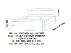 Postel Nikola s úložným prostorem. Zvýšené čelo u hlavy. Rozměrový nákres. Různé druhy dřevin. Český výrobek. Úložný prostor je pevnou součástí postele.