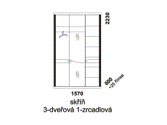 Skříň Nikola 3-dveřová se zrcadlem - rozměrový nákres. Vhodná do ložnice. Masiv v kombinaci s přírodní dýhou. Různé druhy dřevin. Česká výroba.