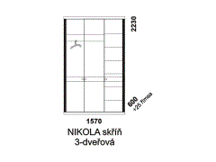 Skříň Nikola 3-dveřová - rozměrový nákres. Vhodná do ložnice. Masiv v kombinaci s přírodní dýhou. Různé druhy dřevin. Česká výroba.