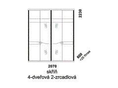 Skříň Nikola 4-dveřová se zrcadly - rozměrový nákres. Vhodná do ložnice. Masiv v kombinaci s přírodní dýhou. Různé druhy dřevin. Česká výroba.