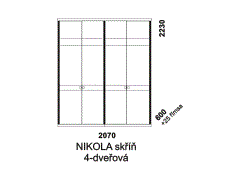 Skříň Nikola 4-dveřová - rozměrový nákres. Vhodná do ložnice. Masiv v kombinaci s přírodní dýhou. Různé druhy dřevin. Česká výroba.