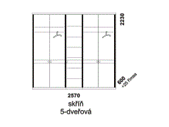 Skříň Nikola 5-dveřová - rozměrový nákres. Vhodná do ložnice. Masiv v kombinaci s přírodní dýhou. Různé druhy dřevin. Česká výroba.