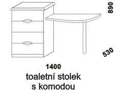 Toaletní stolek s komodou Nikola - rozměrový nákres. Vhodný do ložnice. Různé druhy dřevin. Masiv nebo kombinace s dýhou. Český výrobek.