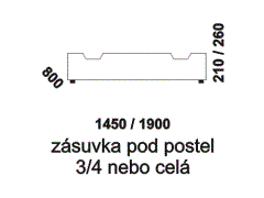 Zásuvka pod postel Nikola - rozměrový nákres. Praktický úložný prostor. Různé druhy dřevin. Kvalitní zpracování. Česká výroba. Masiv nebo kombinace s dýhou.