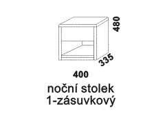 Noční stolek Simona jednozásuvkový - rozměrový nákres. Přírodní dýha nebo masiv. Různé druhy dřevin. Kvalitní konstrukce. Česká výroba.