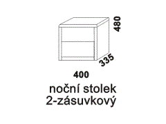 Noční stolek Simona dvouzásuvkový - rozměrový nákres. Přírodní dýha nebo masiv. Různé druhy dřevin. Kvalitní konstrukce. Česká výroba.