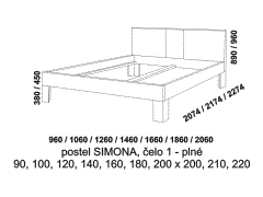 Postel Simona z masivu - rozměrový nákres. Čelo plné. Různé druhy masivního dřeva. Vysoká kvalita. Česká výroba.