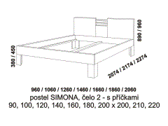 Postel Simona z masivu - rozměrový nákres. Čelo s příčkami. Různé druhy masivního dřeva. Vysoká kvalita. Česká výroba.