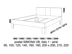 Postel Simona z masivu - rozměrový nákres. Vysoké bočnice. Čelo plné. Různé druhy masivního dřeva. Vysoká kvalita. Česká výroba.
