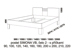 Postel Simona z masivu - rozměrový nákres. Vysoké bočnice. Čelo s příčkami. Různé druhy masivního dřeva. Vysoká kvalita. Česká výroba.