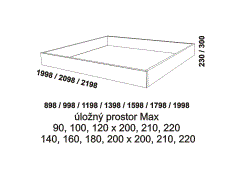 Úložný prostor Max Simona. Masiv nebo přírodní dýha. Rozměrový nákres. Do postele doporučujeme použít rošt s odklápěním. Český výrobek.